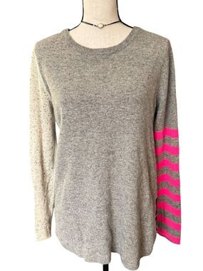 Lisa Todd 100% Cashmere Colorblock Sweater Gray Neon Pink Stripe Medium